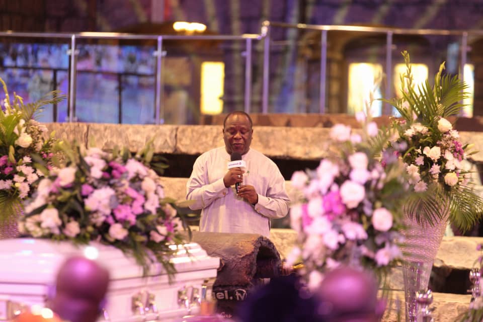 Commissioner for Home Affairs, Mr Olarenwaju Elegusi who represented Lagos Governor Babajide Sanwo-Olu speaking at the laying-to-rest service in honour of TB Joshua at the church. Photo by Ayodele Efunla