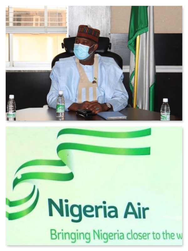 Hadi Sirika and Nigeria Air logo