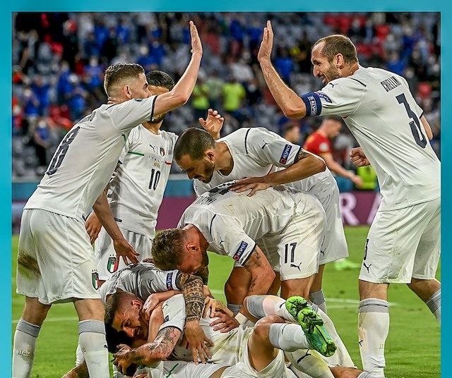 Italian team celebrate their semi-final ticket in Euro 2020 after beating Belgium