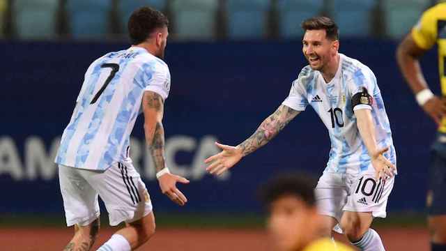 Messi, right rejoice with De Paul after the first goal for Argentina in Copa America
