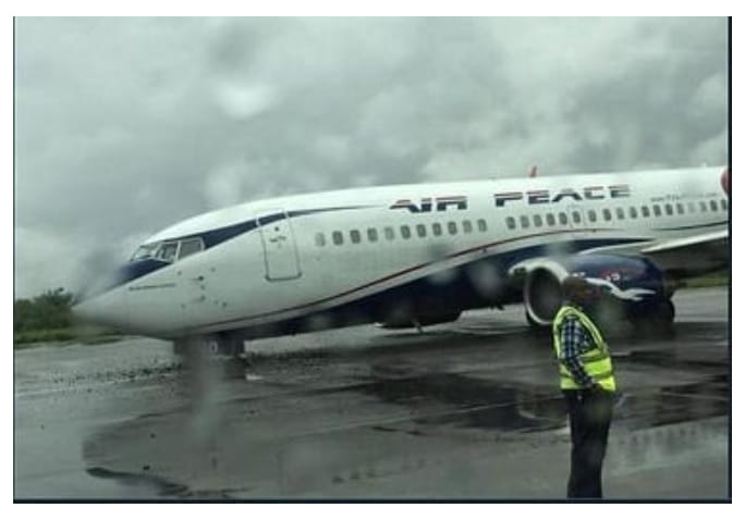 Air Peace plane with burst tyre at Ilorin Airport