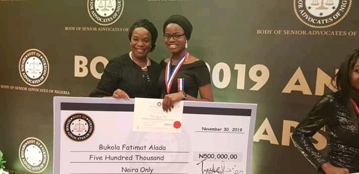 Bukola Fatima Alada bagging N500,000 scholarship by the Body of Benhers in December 2019