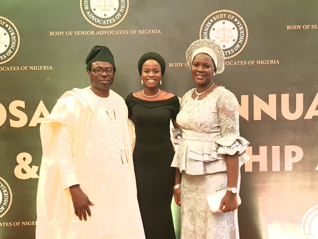 Bukola Fatima Alada, with her parents at BOSAN award 