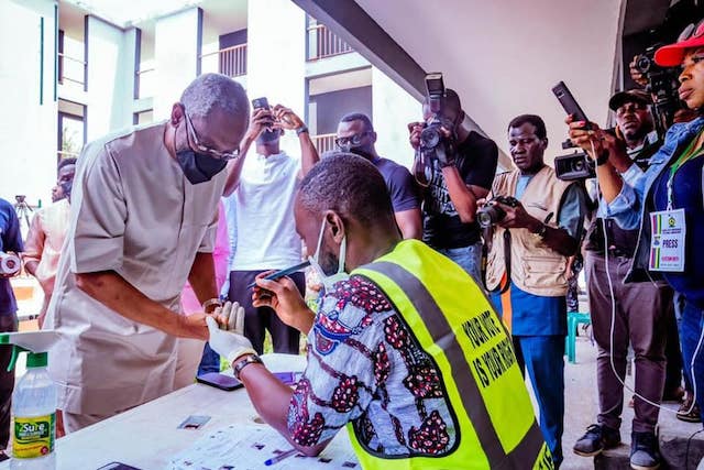 Gbajabiamila being accredited to vote in Lagos council election