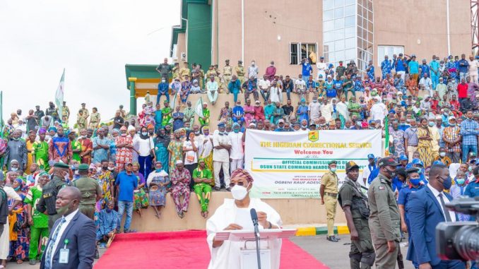 The Minister of Interior, Mr Rauf Aregbesola at the commissioning of newly constructed headquarters of the Nigerian Correctional Service, NCoS in the State, on Friday.