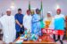 L-R: Governor Abubakar Buguda (Kebbi), Sen. Ovuw Omo-Agege (Deputy Senate President), Sen. Andy Uba (Anambra APC Governorship candidate), Governor Mai Mala Buni (APC CECPC), Sen. Stella Oduah and Governor Hope Uzodimma (Imo) when Sen. Odua defected to APC...Thursday.