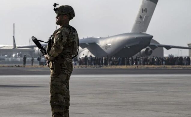 A U.S. soldier at Kabul airport as evacuations continue