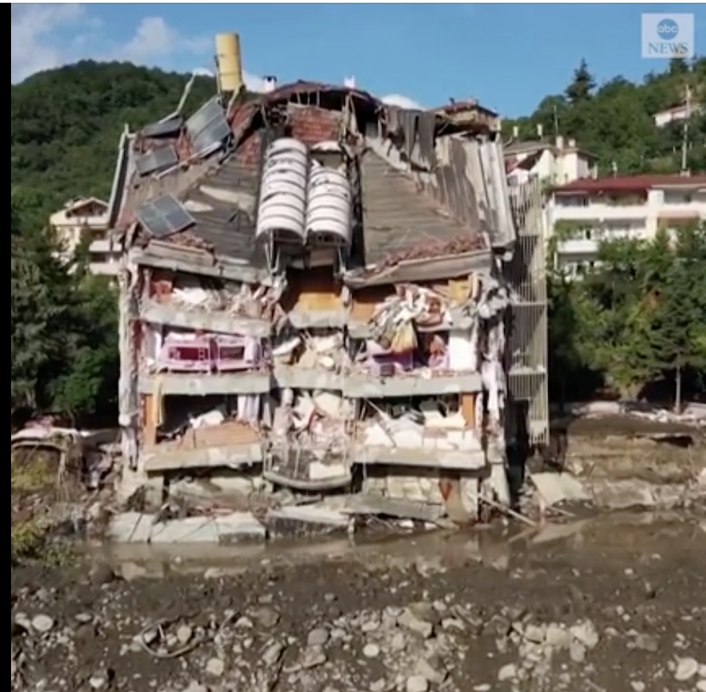A multi-storey house destroyed by flood in Turkey