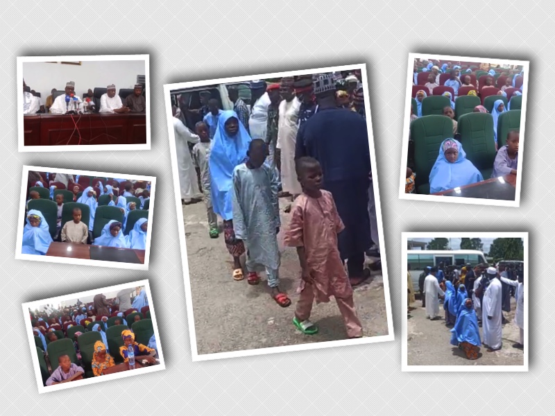 Children of Tegina Islammiya School in Minna on Friday. Top left, Govenor Sani Bello speaks