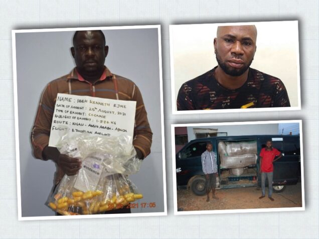 Drug suspects, R, Ibeh Ejike, above right, Eze Okorie and below cannabis vehicle in Abuja