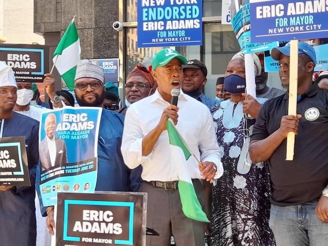 Eric Adams speaking at Kudirat Abiola Corner in New York when he got the bloc endorsement of Nigerians