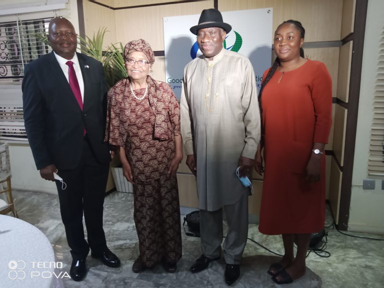 Jonathan and Sirleaf, middle, with Liberian ambassador Professor  Al-Hassan Conteh, left and Ann Iyonu, executive director of Jonathan Foundation