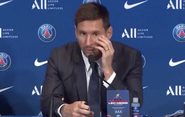 Leo Messi speaks at the Paris press conference