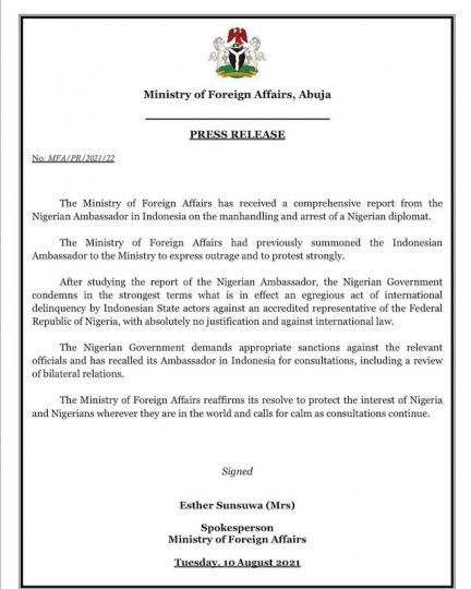 Breaking: Nigeria recalls ambassador to Indonesia - P.M. News