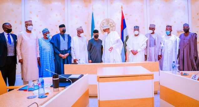 President Buhari with VP Osinbajo, National Assembly leaders and other aides on Wednesday