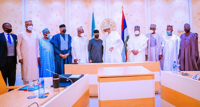 President Buhari with VP Osinbajo, National Assembly leaders and other aides on Wednesday at ceremony to kickstart Petroleum Industry Act (PIA)