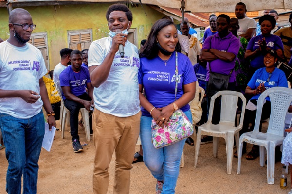 Prince Adekunle Ogidi, Founder, Anjorin-Ogidi Legacy Foundation (ALF) and wife during at the water borehole commissioning.