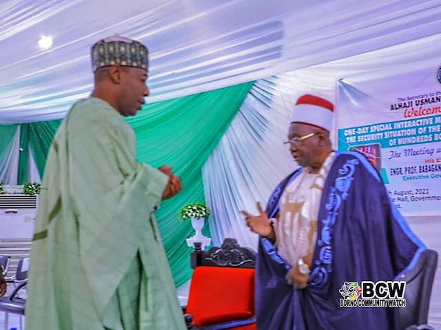 Zulum speaks with Shehu of Borno at the meeting over repentant Boko Haram members
