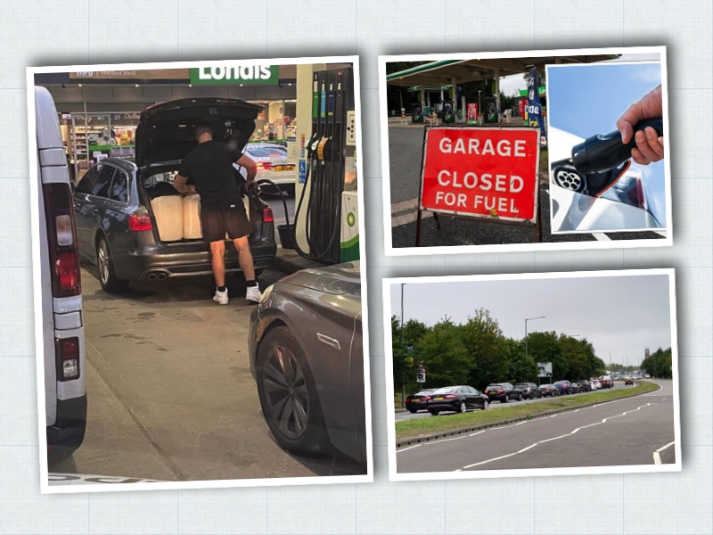 A Briton fills his jerry cans with petrol as scarcity bites and queues lengthen