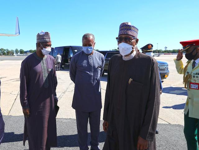Buhari at the airport in New York with UN ambassador, Tijjani Muhammad-Bande , left and foreign affairs minister Geoffrey Onyeama