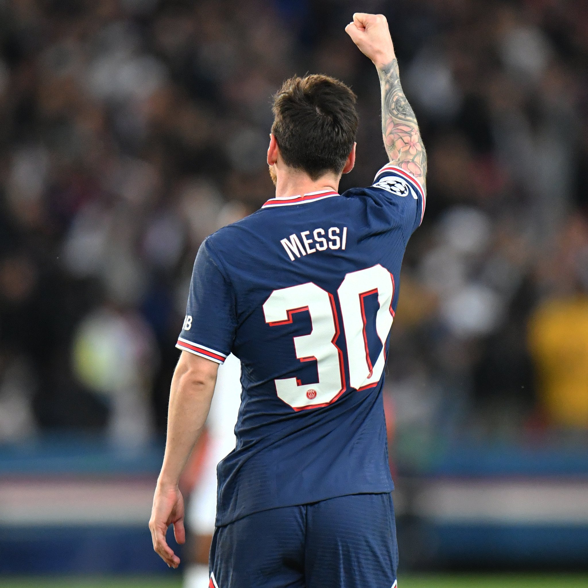 Paris Saint-Germain's Argentinian forward Lionel Messi celebrates after scoring his team's second goal during the UEFA Champions League first round group A football match between Paris Saint-Germain's (PSG) and Manchester City