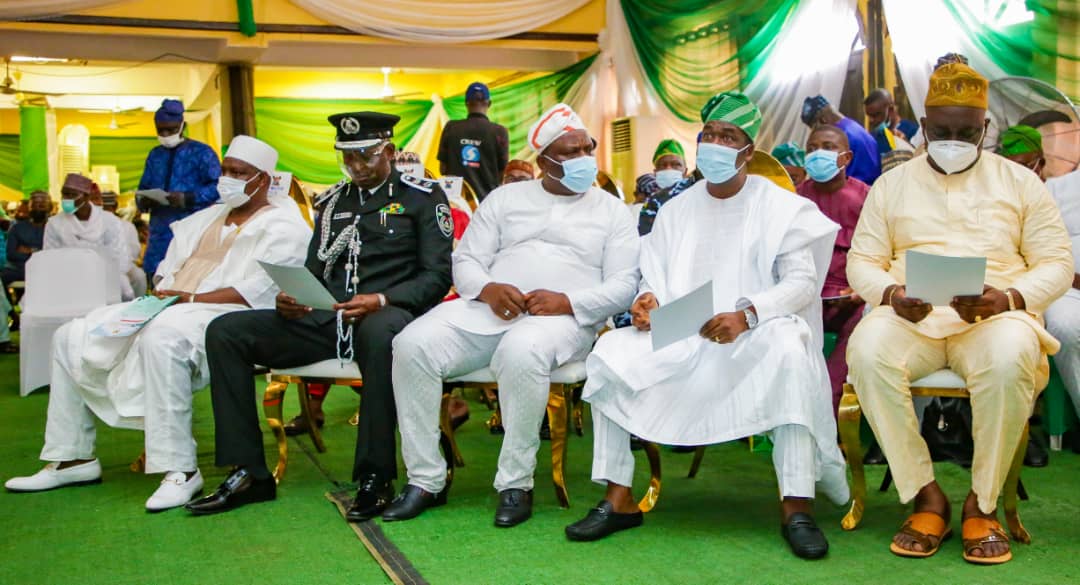 L-R: Lagos State Director of the Department of State Security Services(DSS), Sheikh Mohammed Waziri; Commissioner of Police, Hakeem Odumosu; Commissioner for Home Affairs, Prince Anofiu Olanrewaju Elegushi; Deputy Governor, Dr. Kadri Obafemi Hamzat and Chairman, House Committee on Home Affairs, Hon. Ibrahim Layode at a Special Jumat Service to Commemorate the 61st National Independence Day, held at the Lagos State Secretariat Community Central Mosque, Alausa, Ikeja.