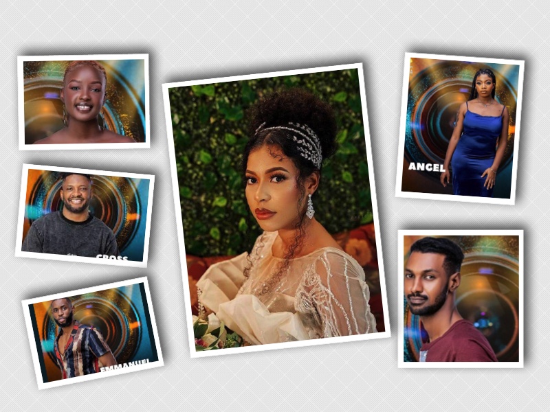 Housemates for eviction- Nini, centre escapes. Left, Saskay, Cross and Emma. Right, Angel, Yousef