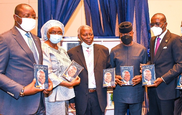 L-R: Sunday Dare, Esther Kumuyi, Pastor William Kumuyi, Prof. Yemi Osinbajo and Governor Babajide Sanwo-Olu at the launch of the book