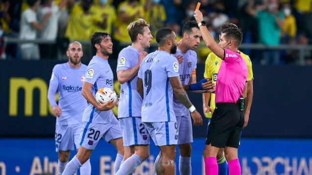 Out you go: Barcelona’s Frenkie De Jong bags a red card at Cadiz
