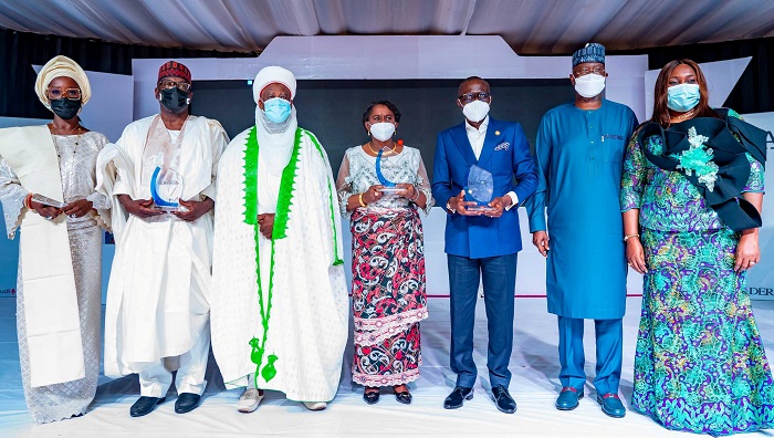  L-R: First Lady of Kwara State, Mrs. Omolewa Abdulrazaq; her husband, Governor Abdulrahman Abdulrazaq; Sultan of Sokoto, Alhaji Muhammadu Sa’ad Abubakar III; representative of Rivers State Governor and the Deputy Governor, Dr. (Mrs) Ipalibo Banigo; Lagos State Governor, Mr. Babajide Sanwo-Olu; Secretary to the Government of the Federation, Mr. Boss Mustapha and his wife, Funmilayo during the 2020 Leadership Group Annual Conference and Awards, organized by Leadership Newspapers, at the International Conference Centre (ICC), Abuja, on Thursday, September 9, 2021.