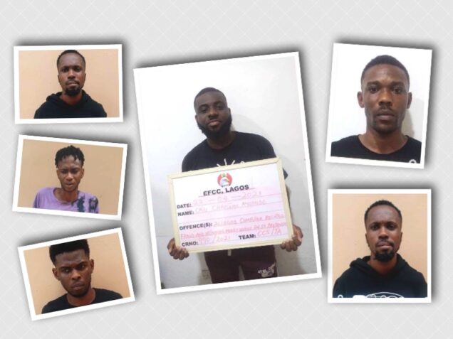 Some of the cyber crime suspects arrested by EFCC in Lekki. Middle is Onu Christian Ayomide