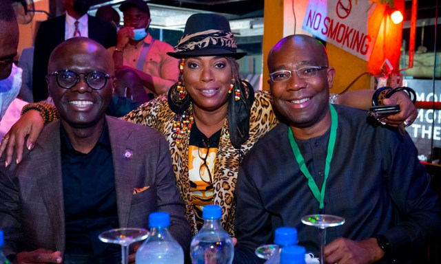 L-R: Lagos State Governor, Mr. Babajide Sanwo-Olu, Yeni Kuti and Vice Chairman, Global Citizen Nigeria, Mr. Aigboje Aig-Imoukhuede during during the Global Citizen Live concert in honour of frontline and essential workers in the battle against COVID-19, at the Afrika Shrine, Ikeja, on Saturday, September 18, 2021