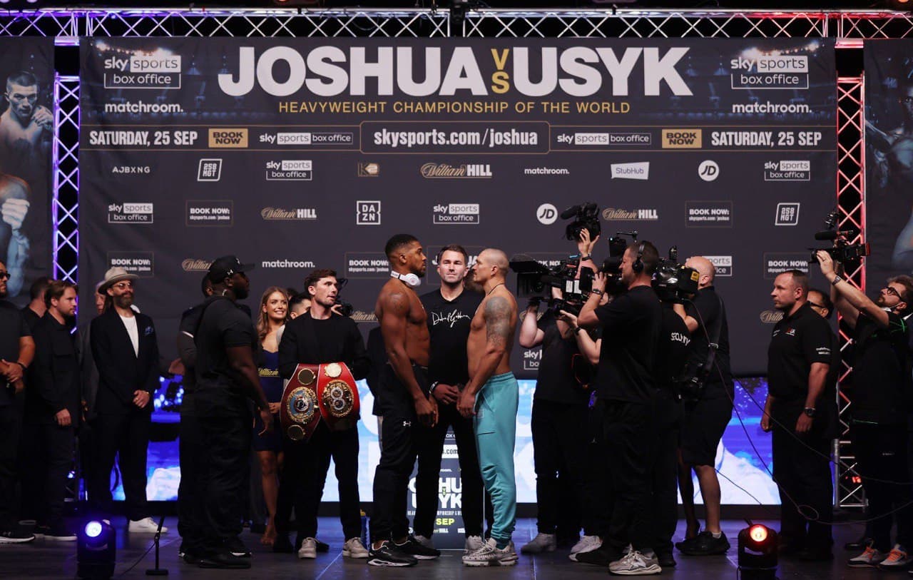 AJ and Usyk during their last face-off ahead of Saturday