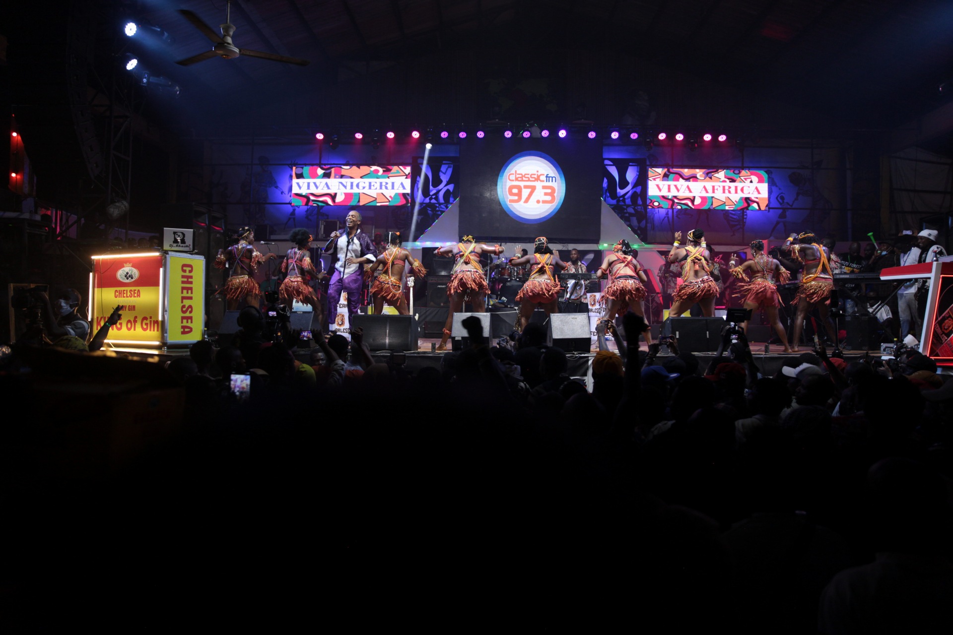 Femi Kuti and his dancers performing at the Grand Finale of Felabration 2021 at the New Afrika Shrine, Lagos. Photo by Ayodele Efunla