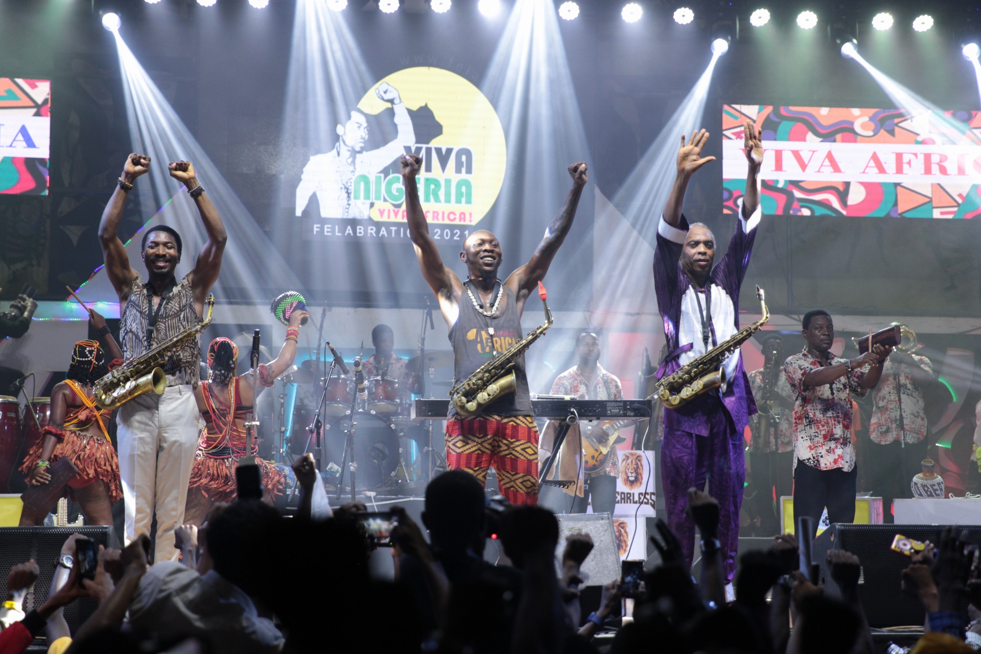 Made, Seun and Femi Kuti for Grand Finale of Felabration 2021 at the New Afrika Shrine, Lagos. Photo by Ayodele Efunla