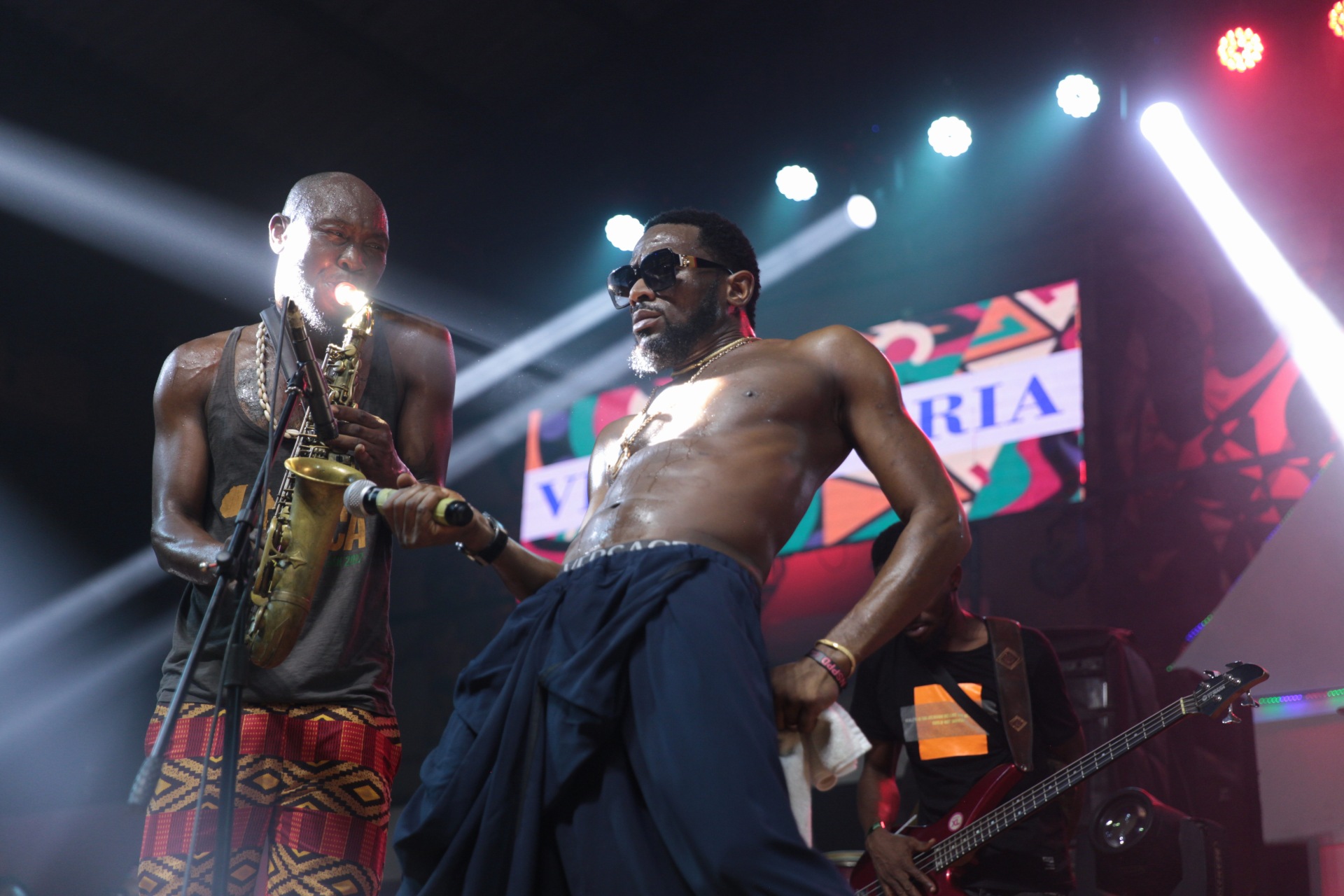 Seun Kuti and D'banj performing at the Grand Finale of Felabration 2021 at the New Afrika Shrine, Lagos. Photo by Ayodele Efunla