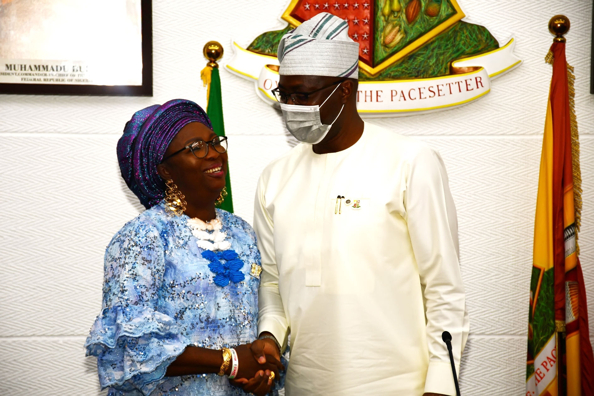 Oyo State Governor, Seyi Makinde (right) with one of the newly appointed commissioners, Alhaja Kafilat Olayiwola during their swearing-in held at Governor's Office, Secretariat, Ibadan.