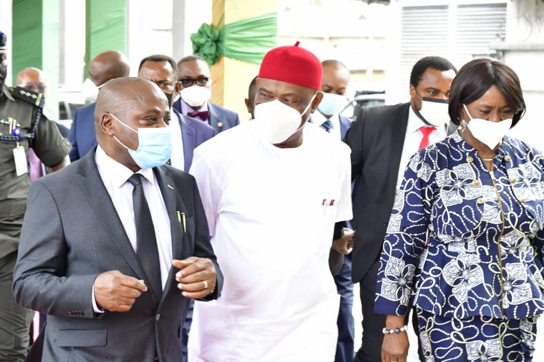 L-R: Chief Judge of Rivers State, Hon. Justice Simeon Amadi; Governor of Rivers State, Nyesom Ezenwo Wike and Deputy Governor of Rivers State, Dr. Ipalibo Harry-Banigo at the inauguration of Rivers' Multi-door Courthouse, Port Harcourt on Thursday.