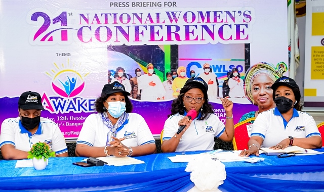 L-R: Wife of Rt. Hon. Speaker, Lagos State House of Assembly, Mrs Olusola Obasa; Wife of Deputy Governor, Mrs Oluremi Hamzat; First Lady and Chairman, Committee of Wives of Lagos State Officials (COWLSO), Dr. Ibijoke Sanwo-Olu; and Chairperson, COWLSO 21st National Women’s Conference Planning Committee, Mrs Nkem Sofela, during a press conference to announce activities for the forthcoming conference, held at Lagos House, Alausa, Ikeja, on Tuesday, 12th October 2021.