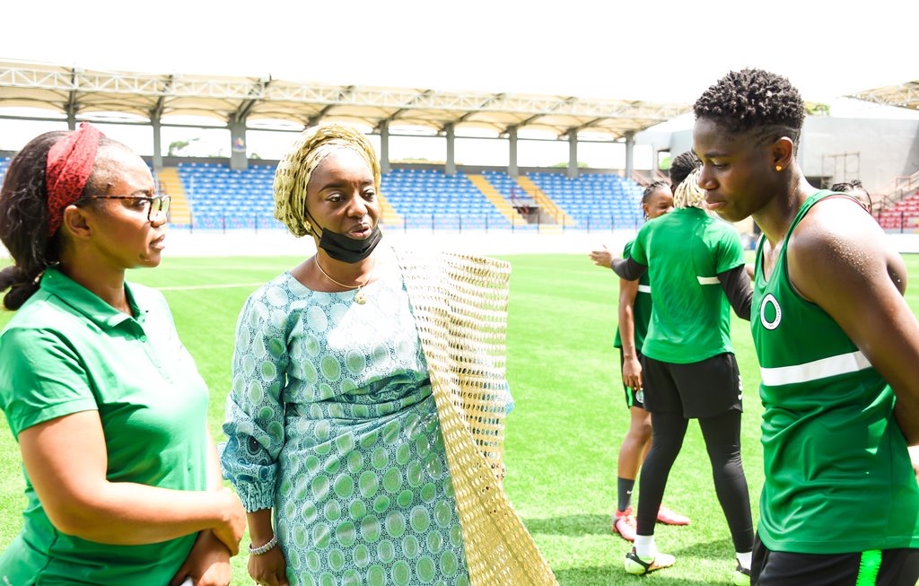 Lagos State First Lady, Dr. Ibijoke Sanwo-Olu (middle) with the Super Falcons Captain, Asisat Oshoala (right) and the Team Secretary, Mrs. Mary Oboduku.