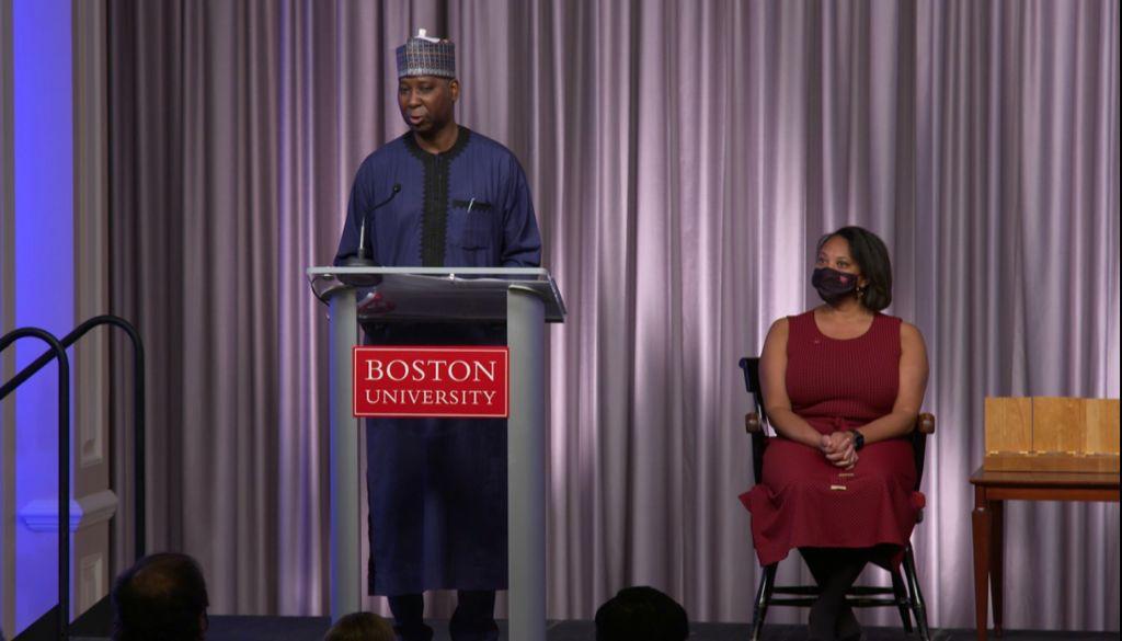 Prof. Muhammad Bande, delivering his acceptance after being conferred with the Distinguished Alumni Award by Boston University, Massachusetts, United States.