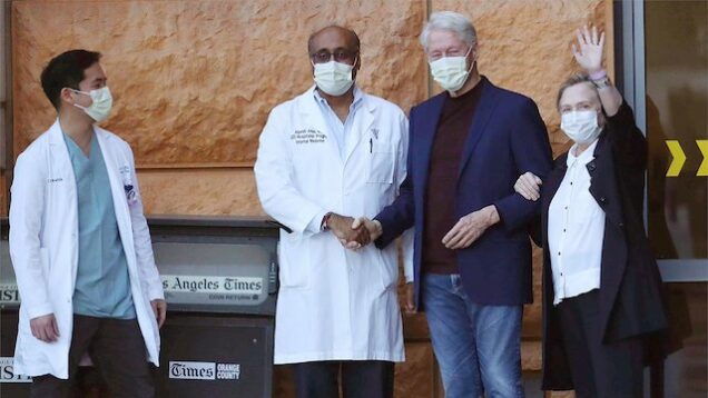 Dr Amin, Bill and Hillary Clinton at the UC Irvine Medical Centre
