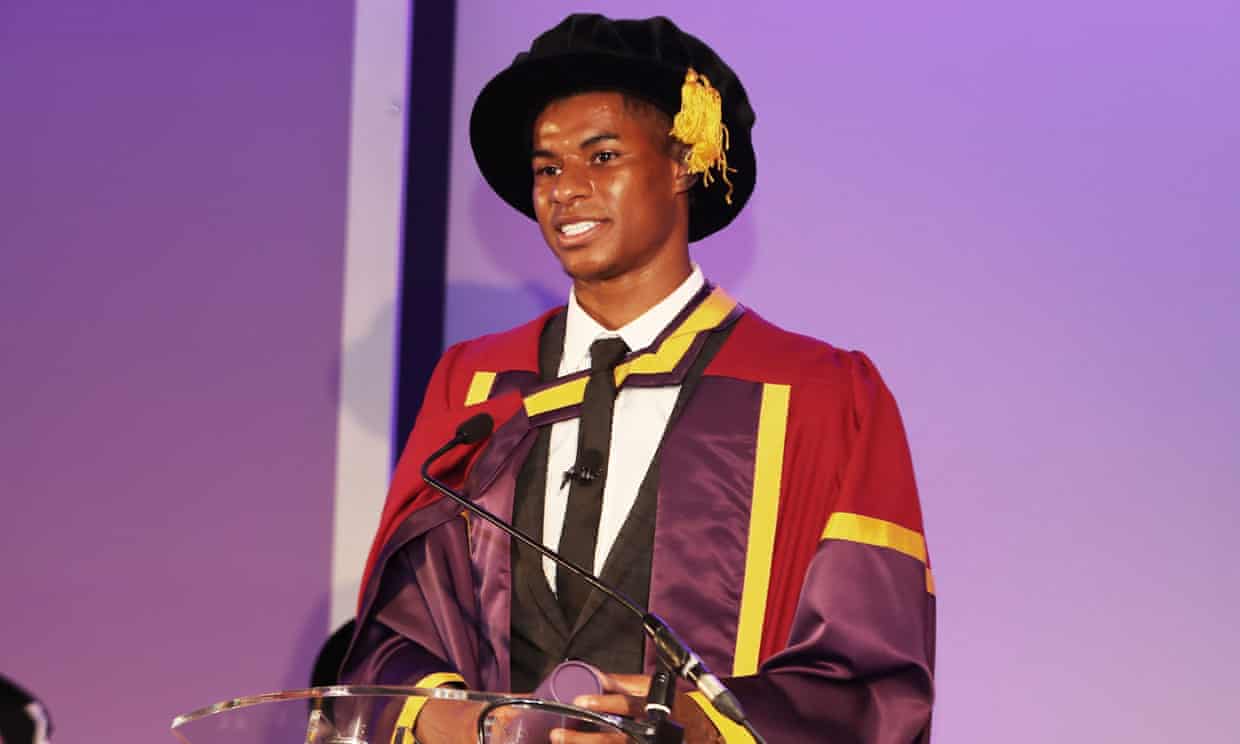 Marcus Rashford MBE is the youngest recipient of an honorary doctorate from Manchester University, which he received at a special ceremony which took place at Old Trafford. Photograph: University of Manchester