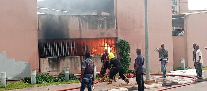 Firemen battling fire at the Federal Secretariat