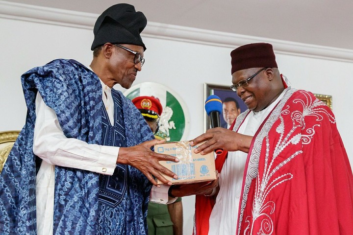 President Buhari rejoices with Gbong Gwom Jos at 70