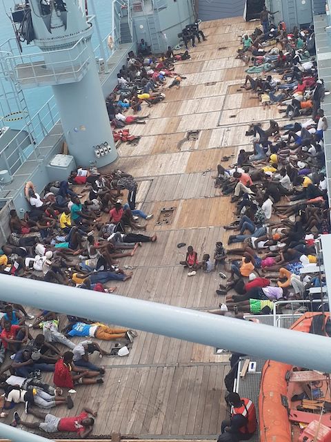 Haitian migrants onboard HMBS LAWRENCE MAJOR on the way to Inagua