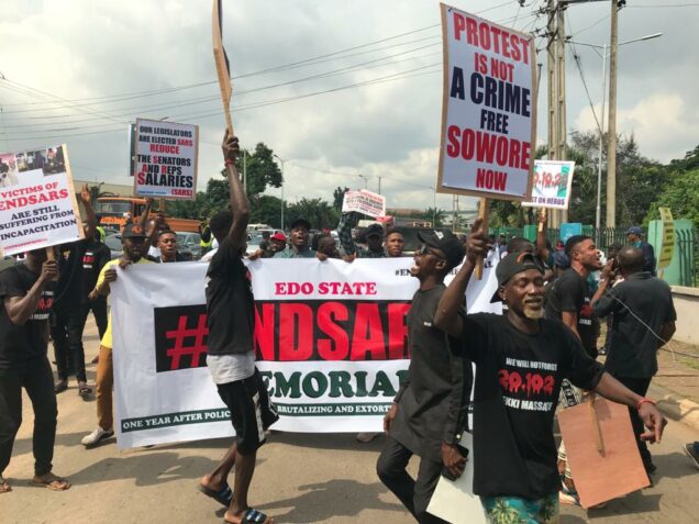 Members of the civil society organizations and youths in Edo State participating in the memorial of #EndSARS protest in Benin on Wednesday