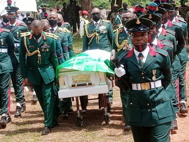 The remains of Maj.-Gen. Abraham Dusu, Commandant of Nigerian Army School of Artillery, who died on Sept. 26 in Kachia, Kaduna State being convened for  burial at military cemetery in Abuja on Friday