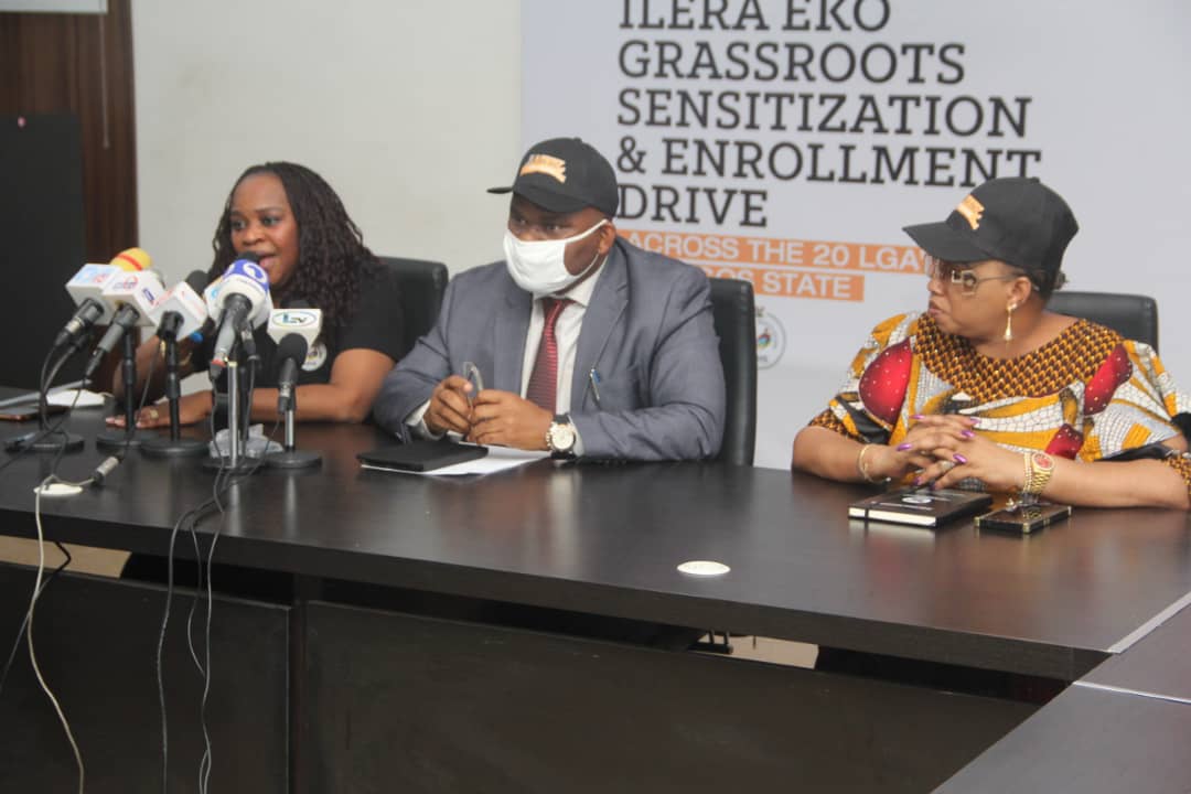General Manager, LASHMA, Dr. Emmanuala Zamba (LEFT); Permanent Secretary, Civic Engagement, Kayode Ogunnubi and another top government official at the briefing