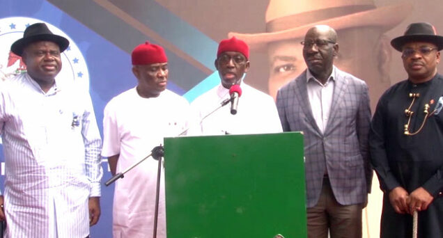 Okowa, centre, reads the communique of South South governors over VAT and other issues